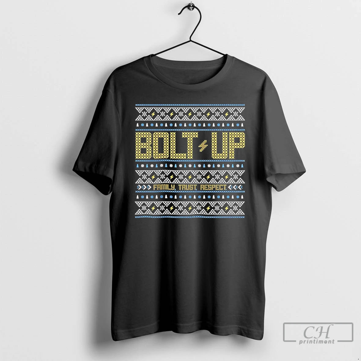 Classic Los Angeles Chargers Bolt Up Family Trust Respect Ugly Christmas T-Shirts, Hoodie, Sweatshirt | PopFlextees.com