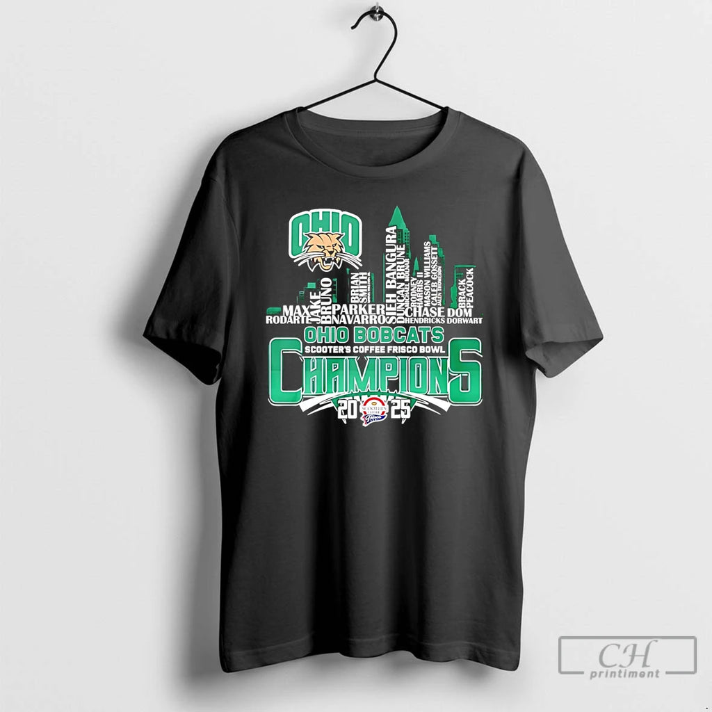 Classic Ohio Bobcats 2025 Scooters Coffee Frisco Bowl Champions Player Names City Skyline T-Shirts, Hoodie, Sweatshirt
