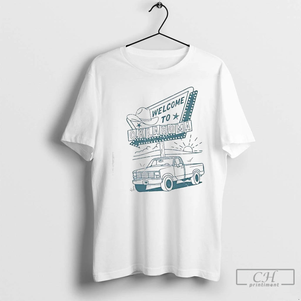 Classic Welcome To Oklahoma Retro Style Roadside Cowboy Hat Truck T-Shirts, Hoodie, Sweatshirt | PopFlextees.com