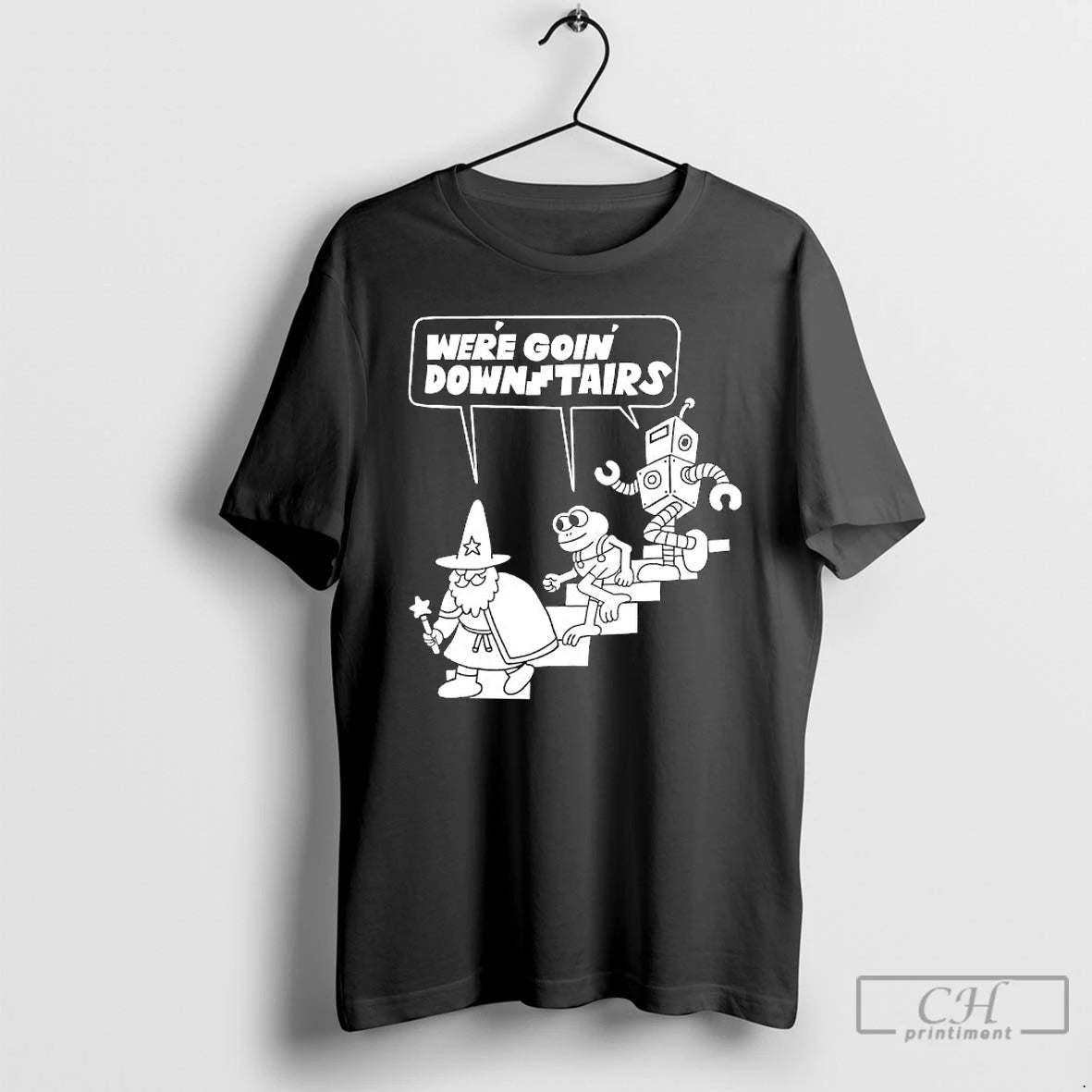 Classic Were Goin Downstairs Wizard Frog Robot Walking Down T-Shirts, Hoodie, Sweatshirt | PopFlextees.com