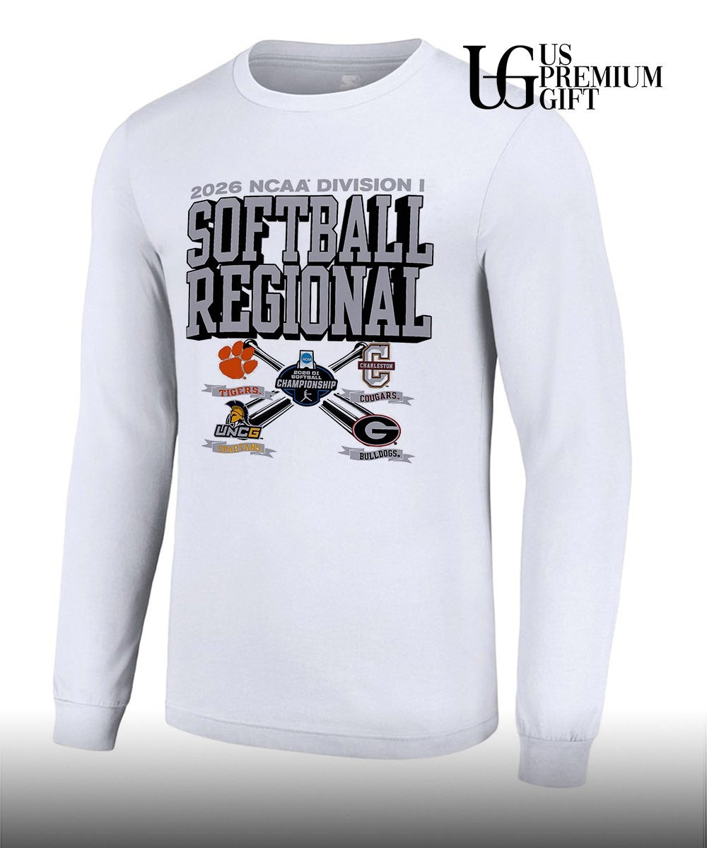Clemson Tigers and College of Charleston Cougars and UNCG Spartans and Georgia Bulldogs 2026 NCAA Division I Softball Regional logo shirt
