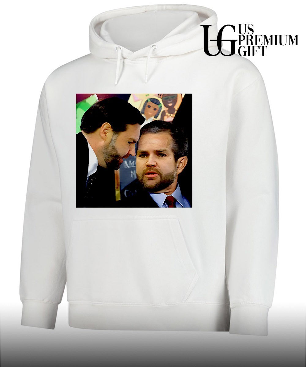 JD Vance and Jerry Falwell Jr whispering in the American shirt