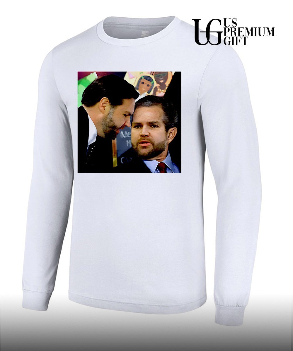 JD Vance and Jerry Falwell Jr whispering in the American shirt