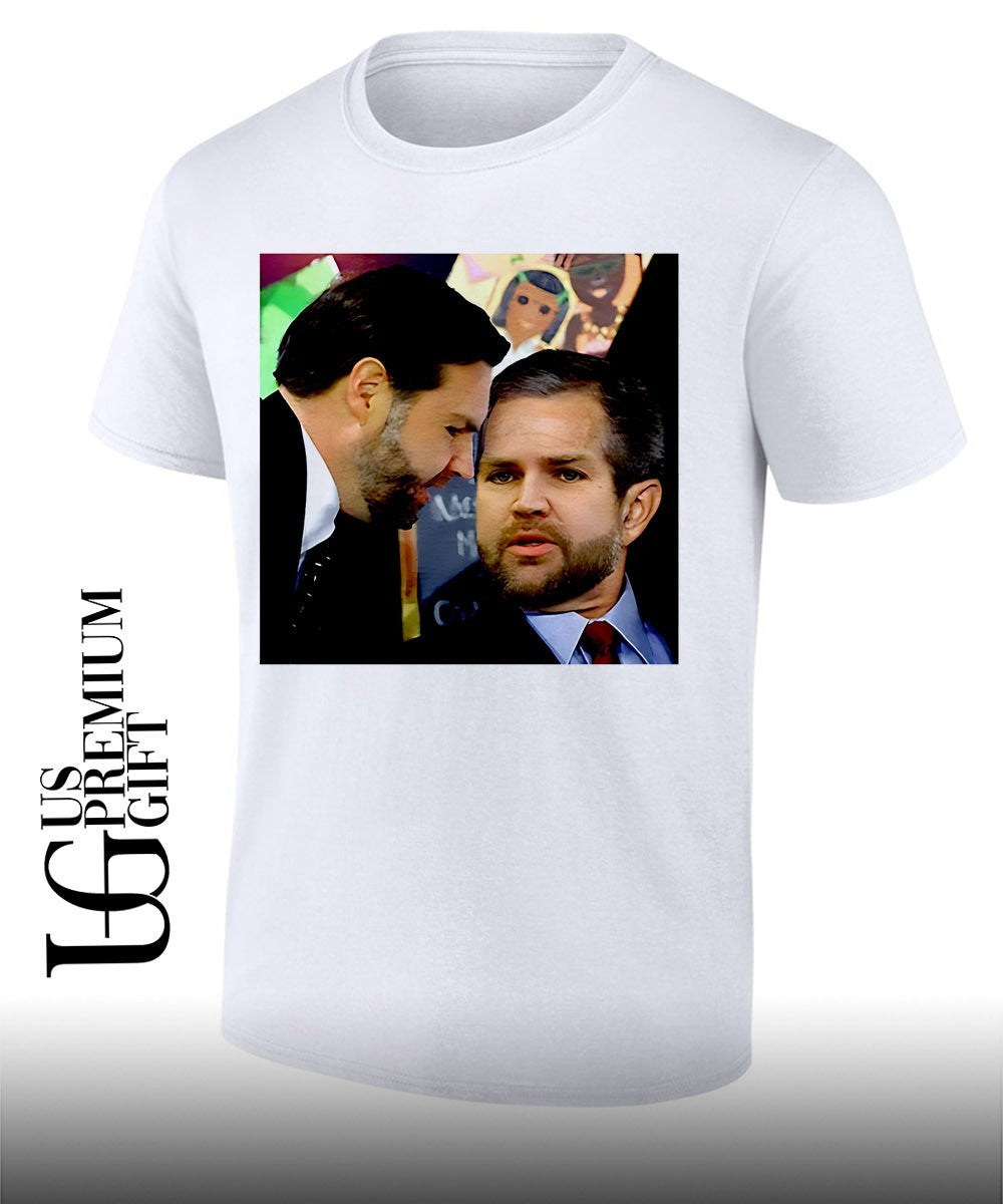 JD Vance and Jerry Falwell Jr whispering in the American shirt