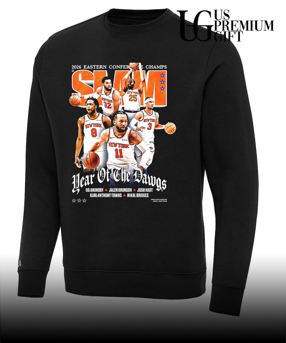 Jalen Brunson Josh Hart Karl-Anthony Towns Mikal Bridges New York 2026 Eastern Conference Champs celebrating basketball NBA Slam Year of the Dawgs graphic shirt