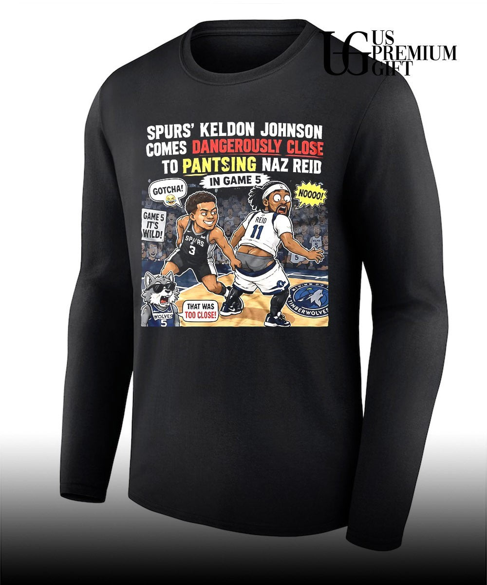 Keldon Johnson Almost Pantsed Naz Reid Game 5 Spurs Timberwolves cartoon shirt