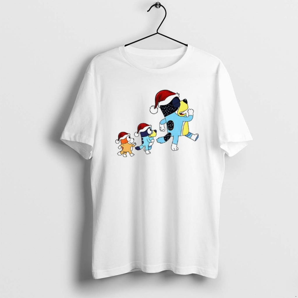 Official Bluey Bingo And Bandit Santa Hat Walk Merry Christmas T-Shirts, Hoodie, Sweatshirt | PopFlextees.com