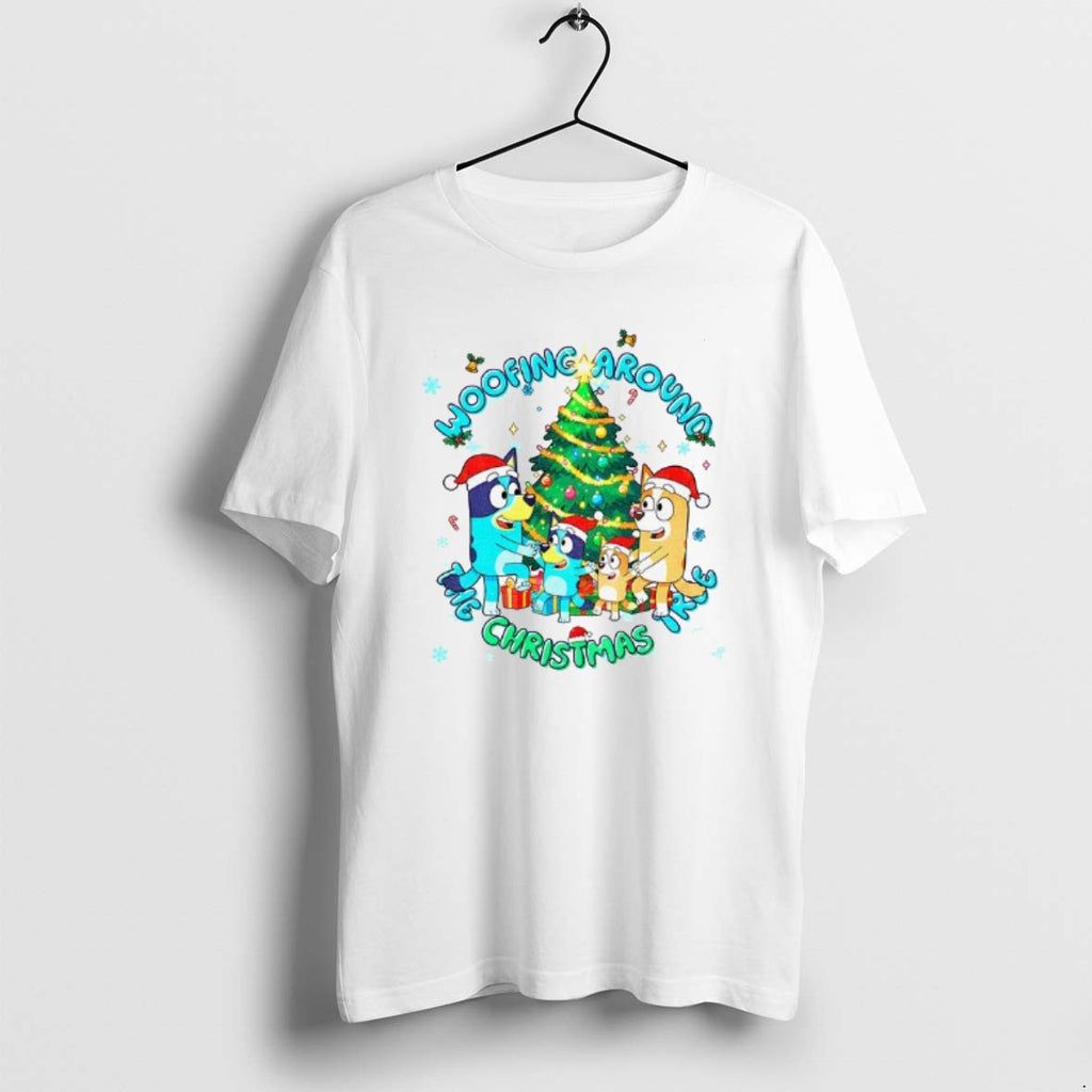 Official Bluey Family Santa Hat Woofing Around The Christmas Tree Merry Christmas T-Shirts, Hoodie, Sweatshirt