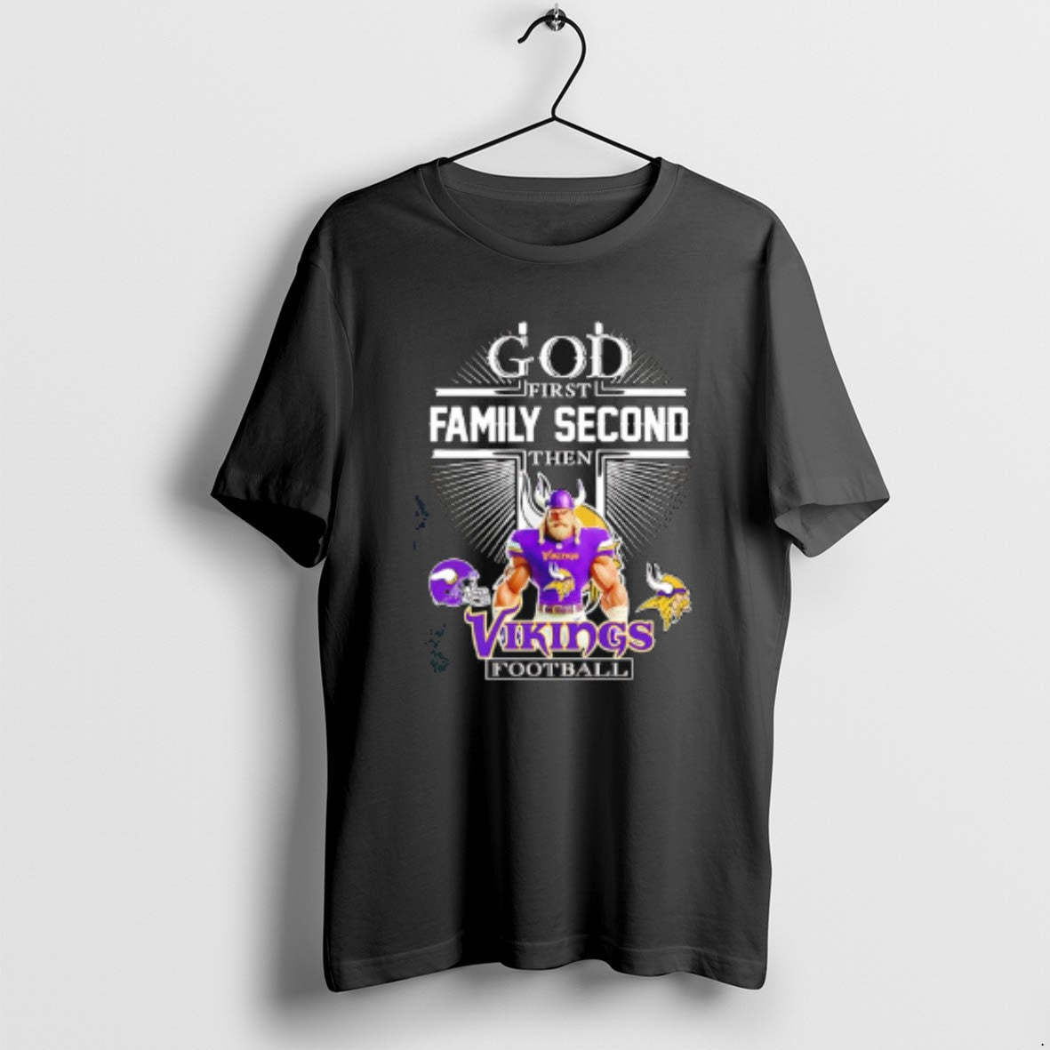 Official God First Family Second Then Minnesota Vikings Football Mascot 2025 T-Shirts, Hoodie, Sweatshirt | PopFlextees.com