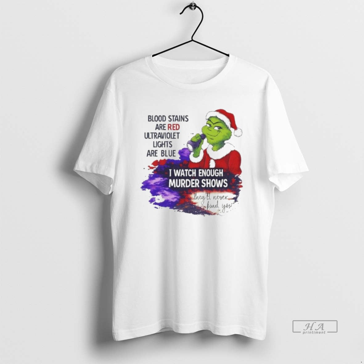 Official Grinch Blood Stains Are Red Ultraviolet Light Are Blue I Watch Enough Murder Shows T-Shirts, Hoodie, Sweatshirt