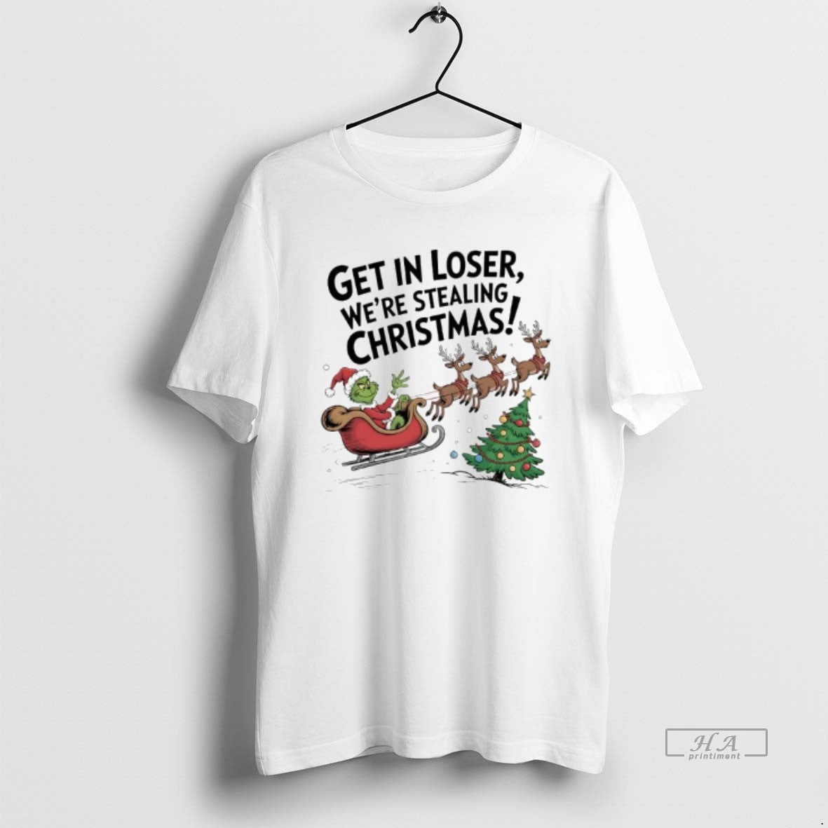 Official Grinch In A Sleigh Reindeer Get In Loser Were Stealing Christmas T-Shirts, Hoodie, Sweatshirt | PopFlextees.com
