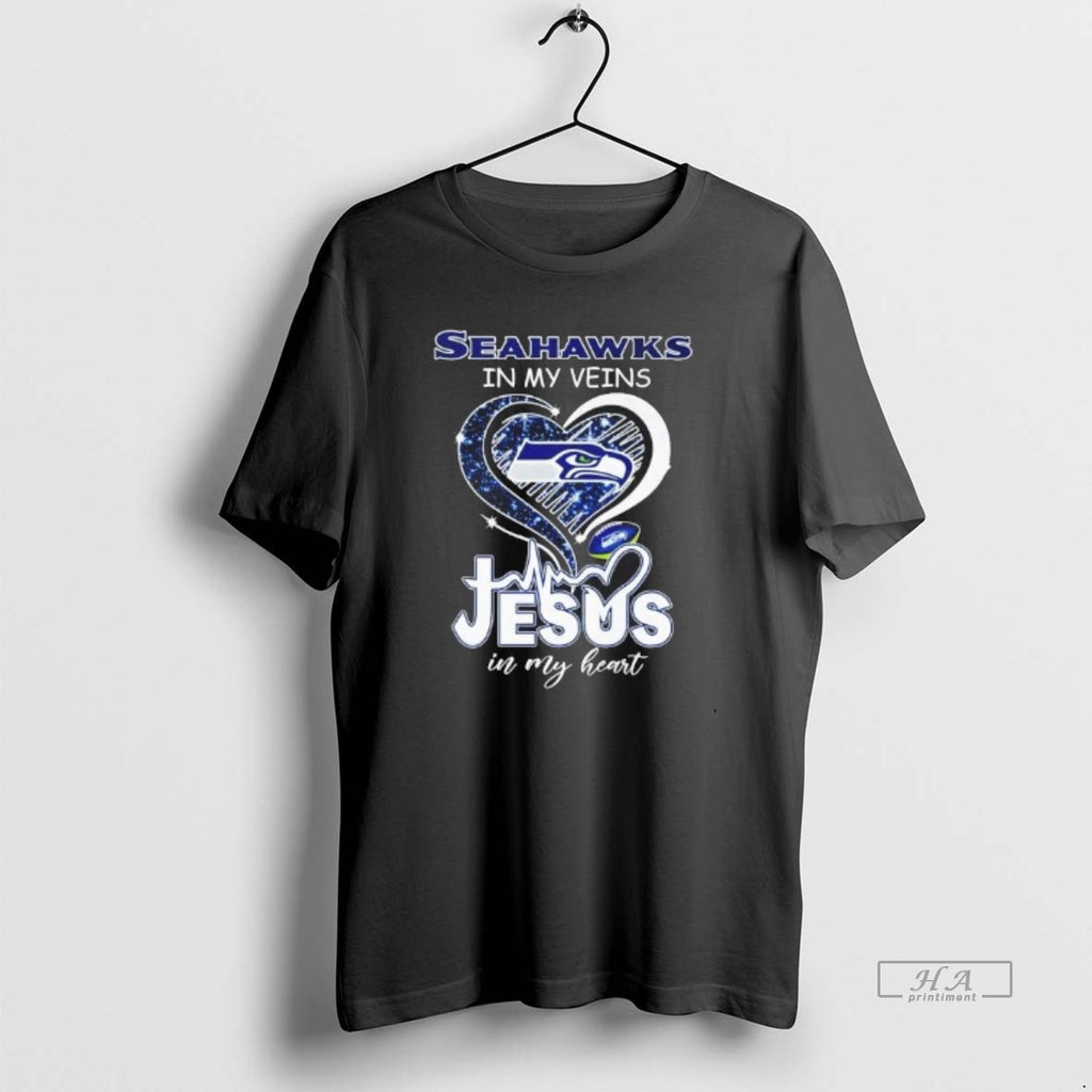 Official Seahawks In My Veins Jesus In My Heart Diamond Heart T-Shirts, Hoodie, Sweatshirt | PopFlextees.com