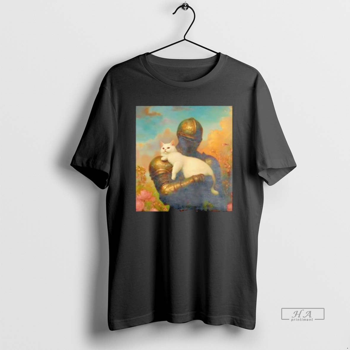 Official Warrior Knight Holding White Cat Behind Blue Sky T-Shirts, Hoodie, Sweatshirt | PopFlextees.com