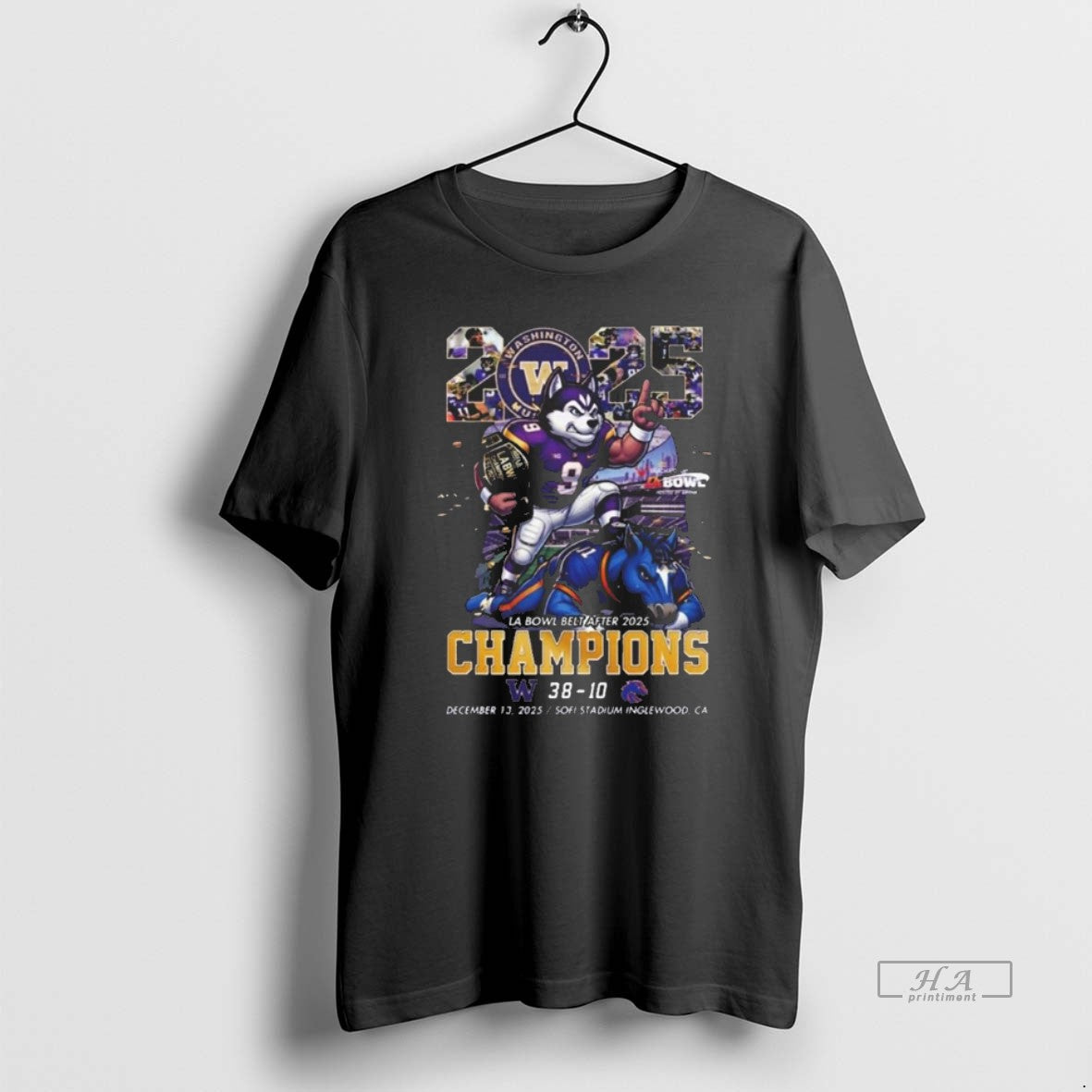Official Washington Huskies Wins Boise State Broncos At La Bowl Belt After 2025 Champions Mascot T-Shirts, Hoodie, Sweatshirt