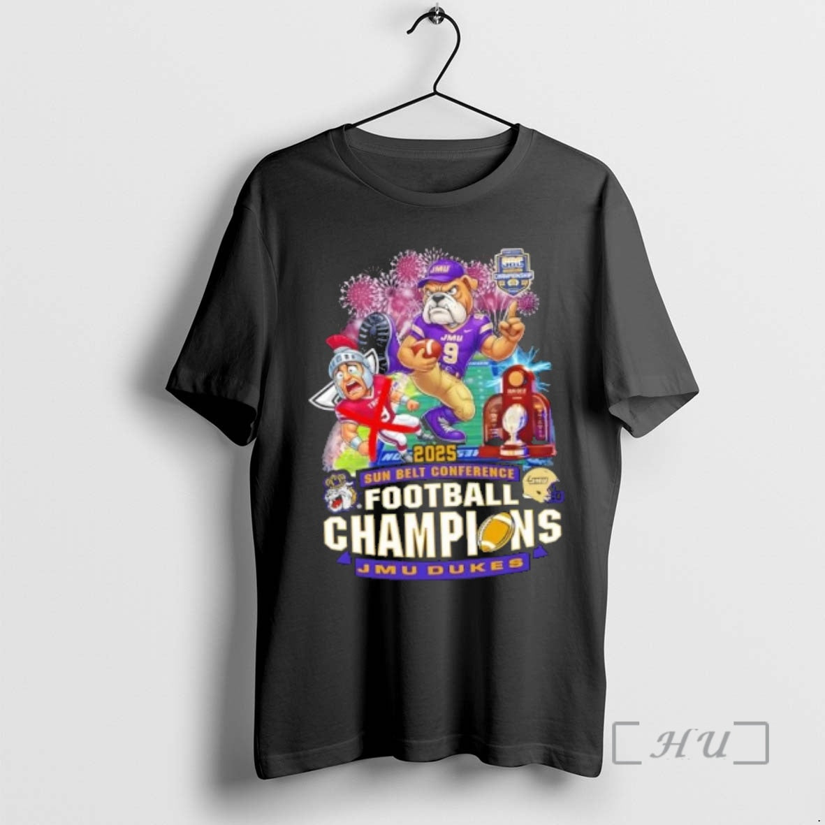 Officials 2025 Sun Belt Conference Football Champions Jmu Dukes Mascot Graphic Premium T Shirts Sweater Hoodie, Sweatshirt