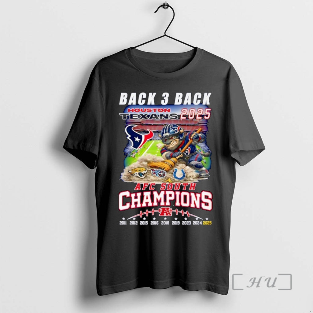 Officials Back 3 Back Houston Texans 2025 Afc South Champions Mascot Premium T Shirts Sweater Hoodie, Sweatshirt