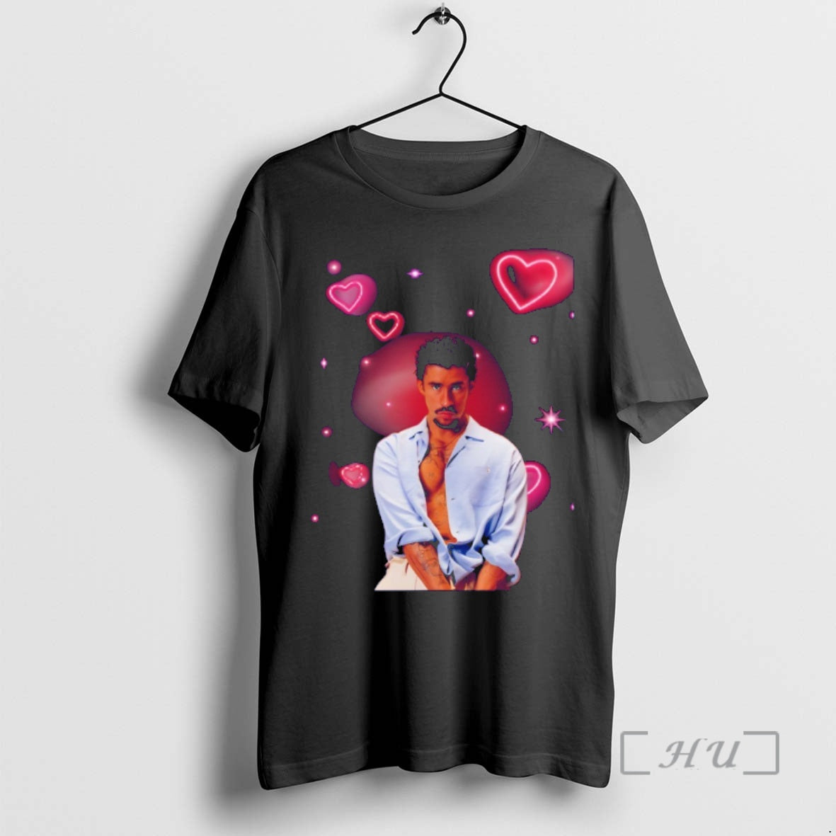 Officials Bad Bunny Benito Portrait Romantic Pink Hearts Graphic T-Shirts, Hoodie, Sweatshirt | PopFlextees.com