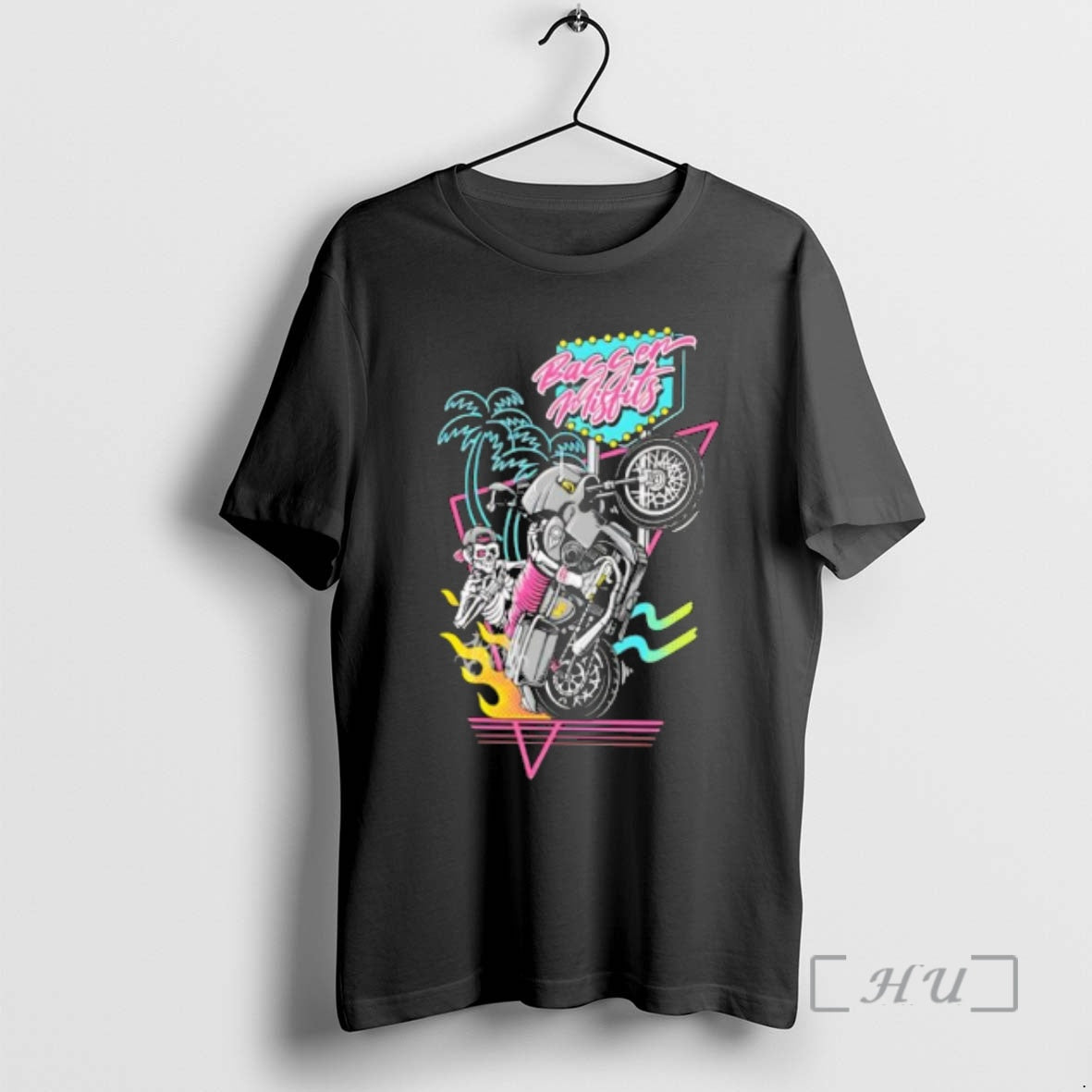 Officials Bagger Misfits Skeleton Riding Motorcycle Wheelie Neon Palm Trees T-Shirts, Hoodie, Sweatshirt | PopFlextees.com