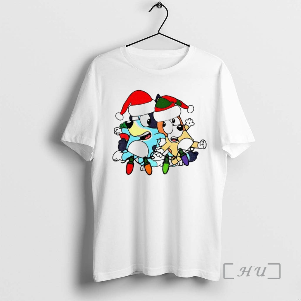 Officials Bluey And Bingo Santa Hat Christmas Lights Merry Christmas 2025 Premium T Shirts Sweater Hoodie, Sweatshirt