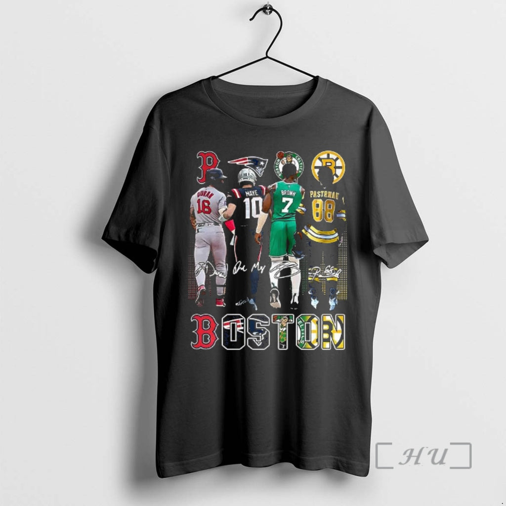 Officials Boston Sports Teams Red Sox Patriots Celtics Bruins Logo And Player Signature Premium T-Shirts, Hoodie, Sweatshirt