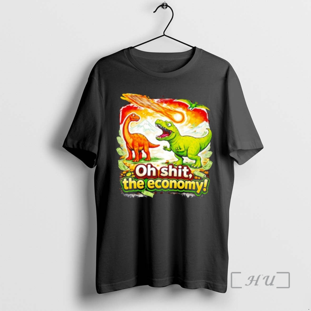 Officials Brontosaurus And T Rex As A Meteor Falls Oh Sht The Economy Premium T-Shirts, Hoodie, Sweatshirt | PopFlextees.com