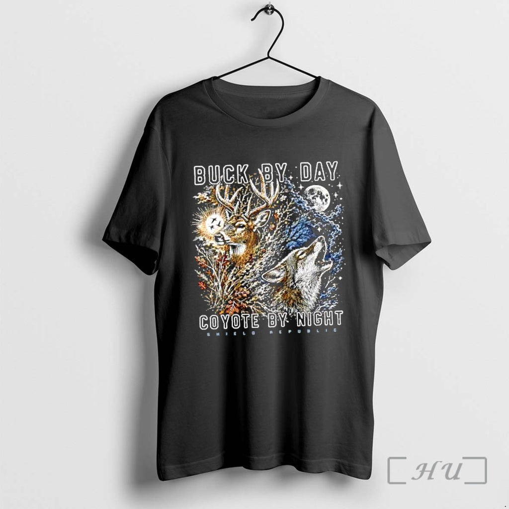 Officials Buck By Day Coyote By Night Shield Republic Nature Wildlife Hunting Premium T Shirts