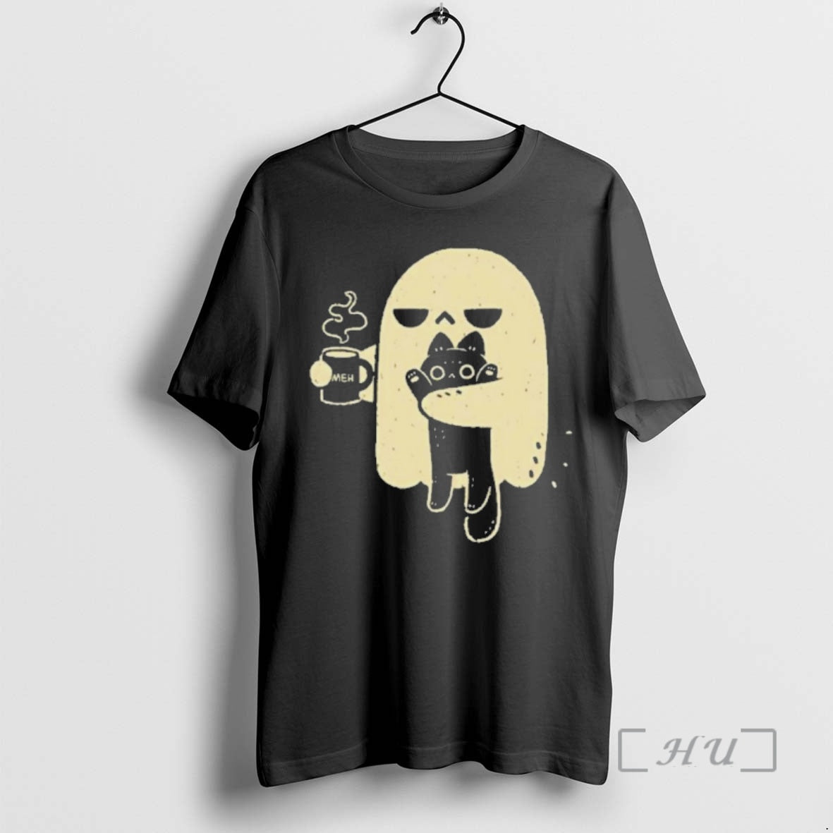 Officials Cute Ghost Meh Coffee Holding Cat T-Shirts, Hoodie, Sweatshirt