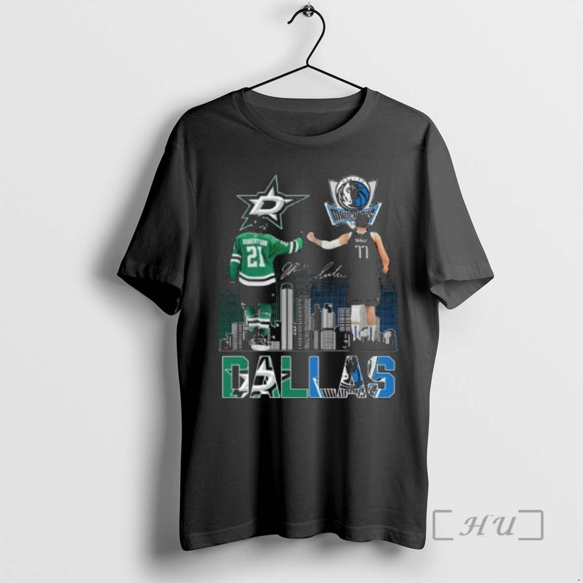 Officials Dallas Stars Jason Robertson Dallas Mavericks Luka Doncic 2025 Signatures Circle Black Premium T-Shirts,...