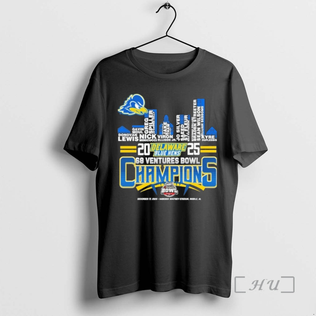 Officials Delaware Blue Hens Skyline Players Name 2025 68 Ventures Bowl Champions Premium T Shirts Hoodie, Sweatshirt
