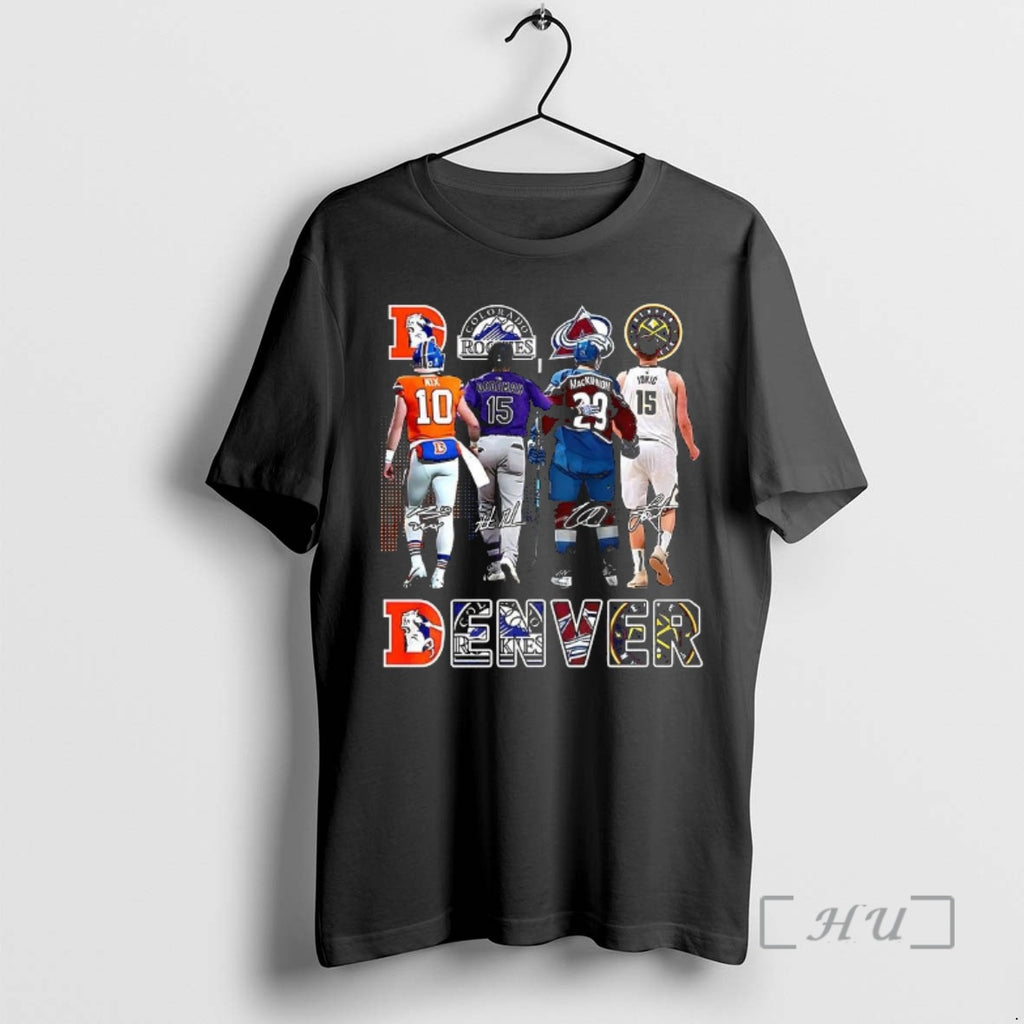 Officials Denver Sport Teams Broncos Rockies Avalanche Nuggets Logo And Player Signature Premium T Shirts Hoodie, Sweatshirt
