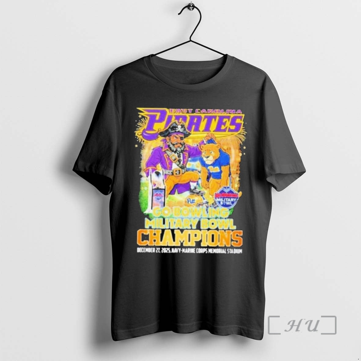 Officials East Carolina Pirates Victory Pitt Panthers 2025 Go Bowling Military Bowl Champions Mascot Premium T-Shirts,...