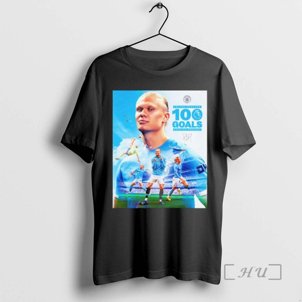 Officials Erling Haaland 100 Goals Premier League 2022 2023 Present Signature Premium T Shirts Sweater Hoodie, Sweatshirt