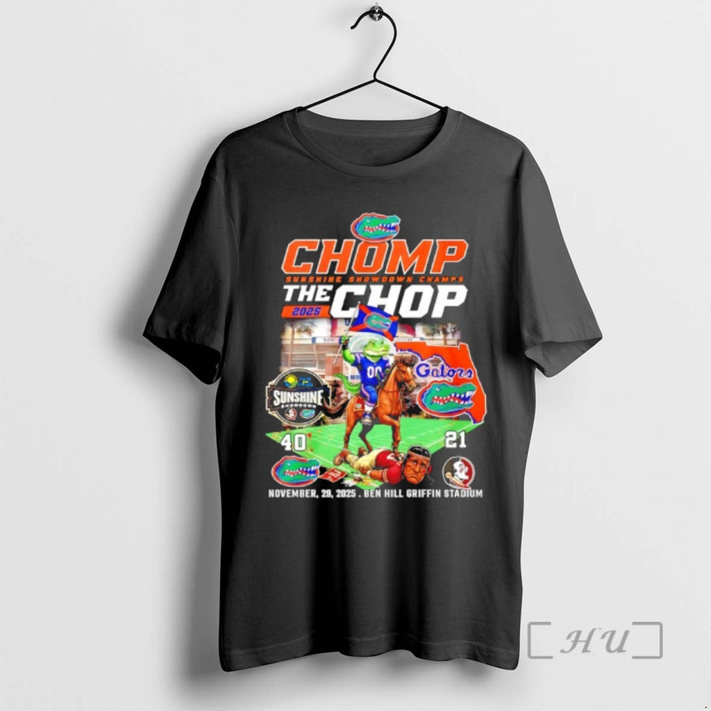 Officials Florida Gator 2025 Chomp Sunshine Showdown Champs The Chop 40 21 Score Mascot Premium T-Shirts, Hoodie, Sweatshirt