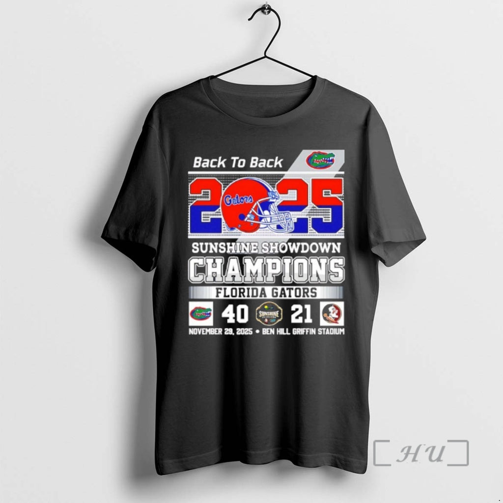Officials Florida Gators Back To Back 2025 Sunshine Showdown Champions 40 21 Score Premium T-Shirts, Hoodie, Sweatshirt