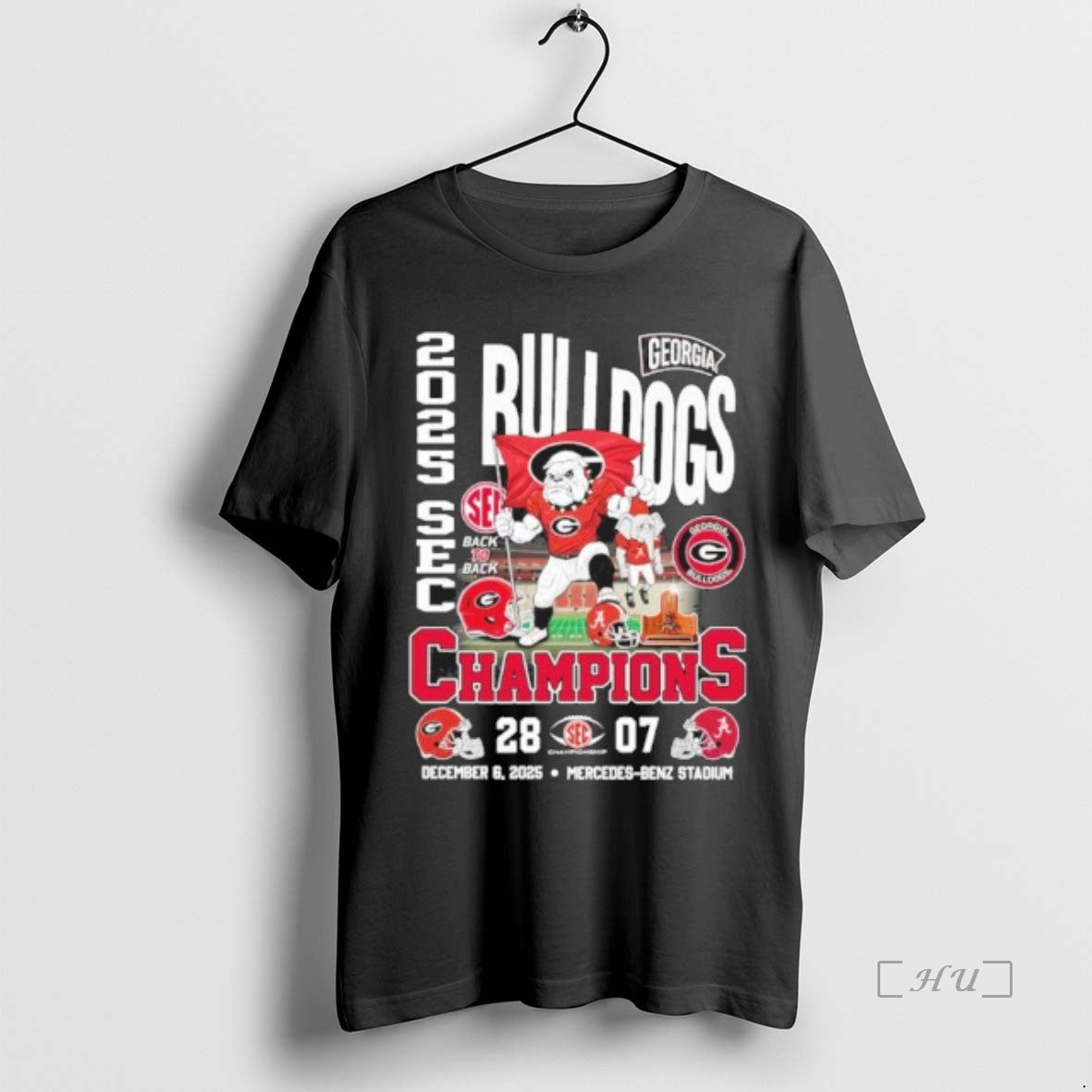 Officials Georgia Bulldogs Mascot 2025 Sec Conference Champions 28 7 Score Premium T Shirts Sweater Hoodie, Sweatshirt