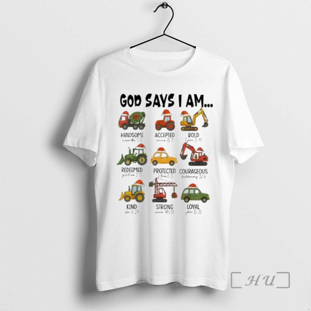 Officials God Says I Am Christmas Construction Trucks Bible Verse T-Shirts, Hoodie, Sweatshirt | PopFlextees.com