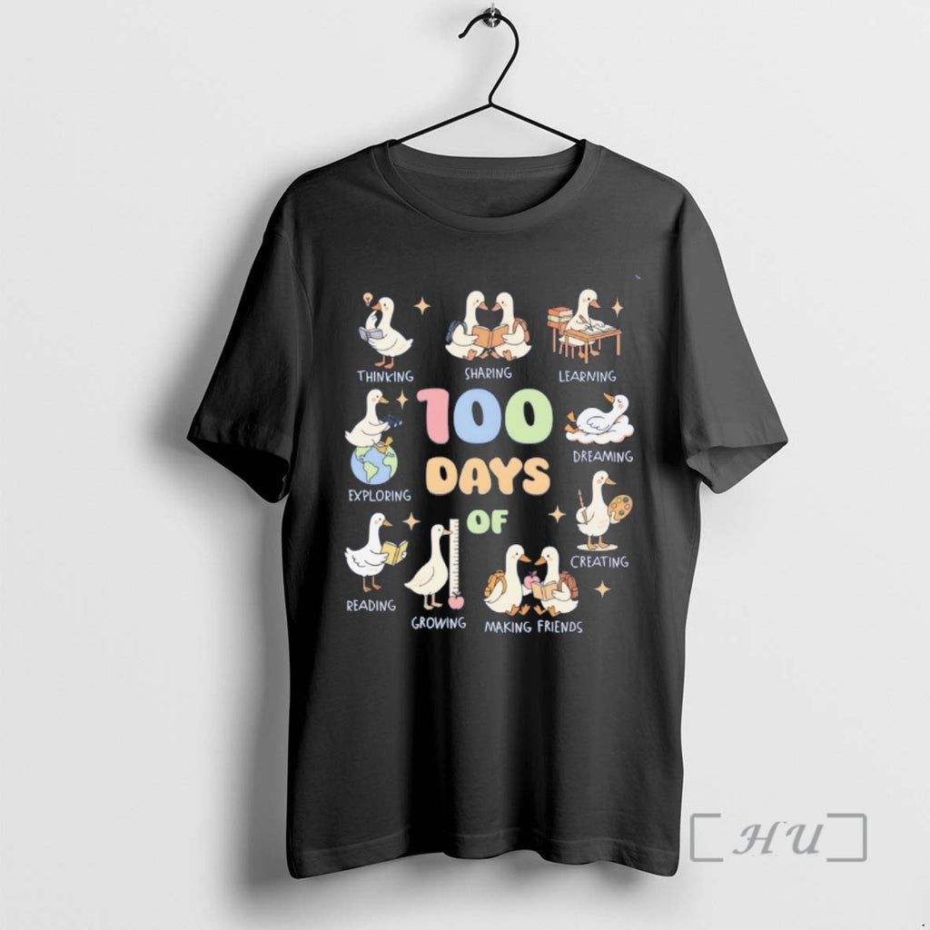 Officials Goose Teacher 100 Days Of School Thinking Sharing Learning Exploring Reading Graphic Premium T-Shirts, Hoodie,...