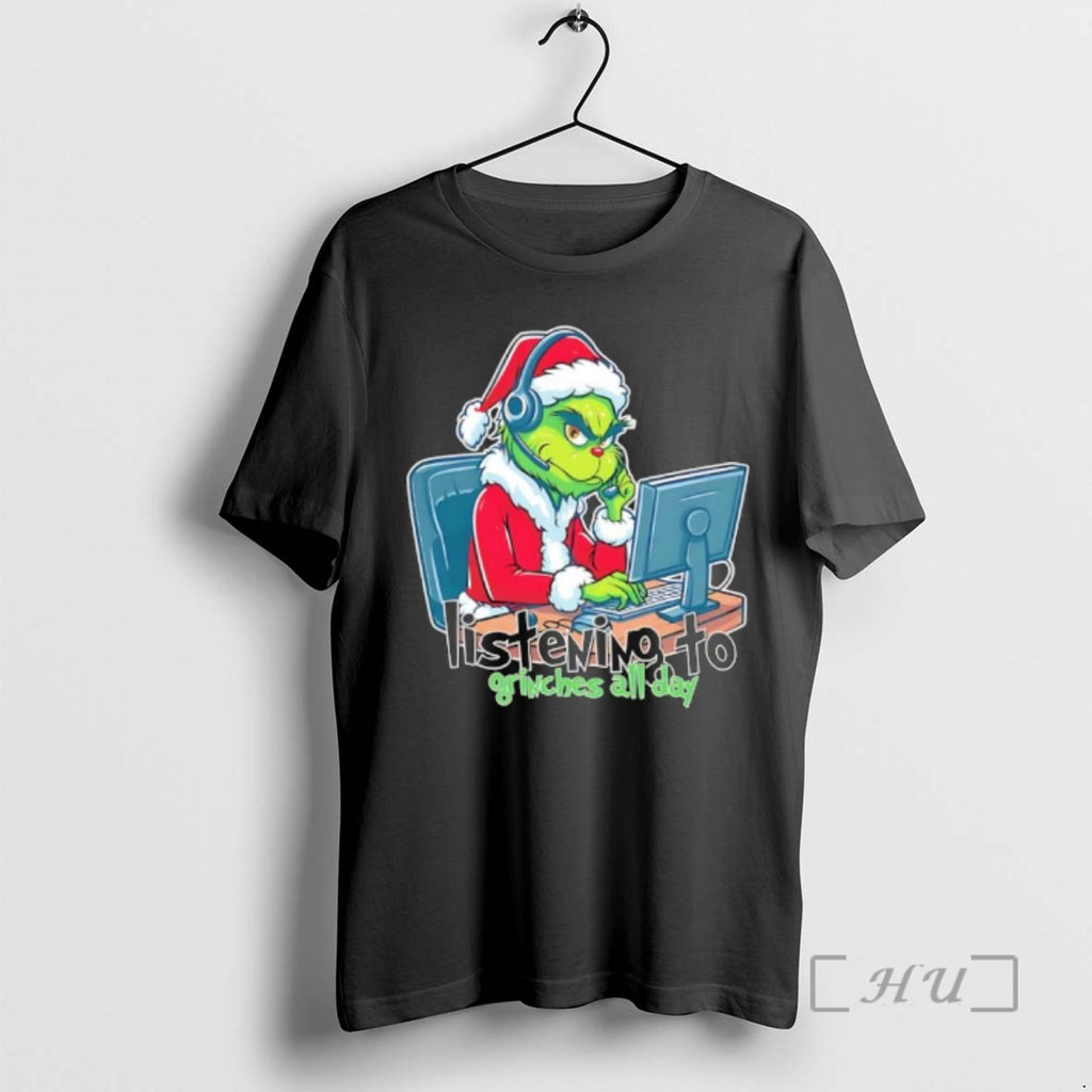 Officials Listening To Grinches All Day Christmas Grinch Telesale T-Shirts, Hoodie, Sweatshirt | PopFlextees.com