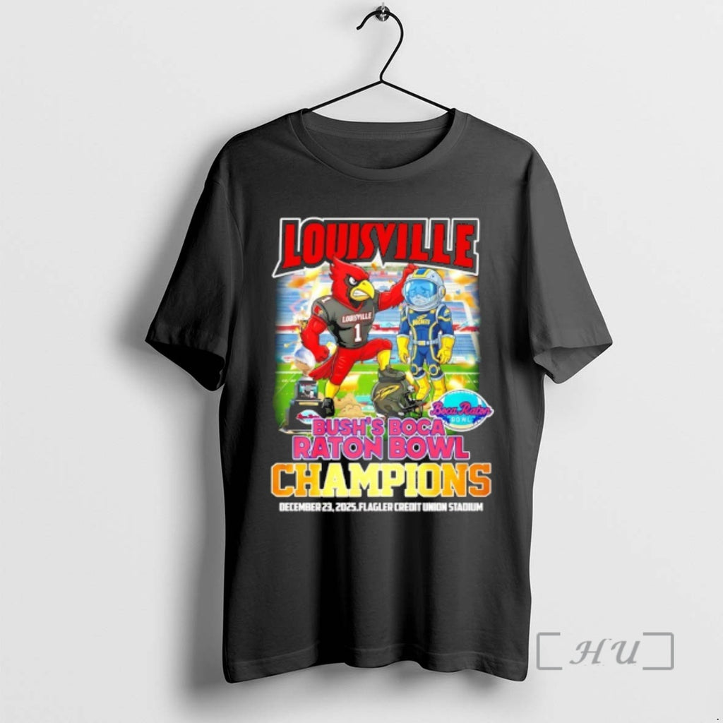Officials Louisville Cardinals 2025 Bushs Boca Raton Bowl Of Beans Champions Mascot Premium T Shirts Hoodie, Sweatshirt