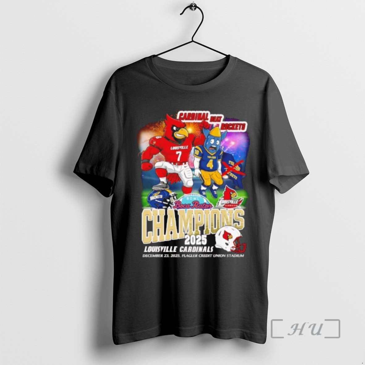 Officials Louisville Cardinals Beat Rockets 2025 Boca Raton Bowl Champions Mascot Premium T Shirts Sweater Hoodie, Sweatshirt