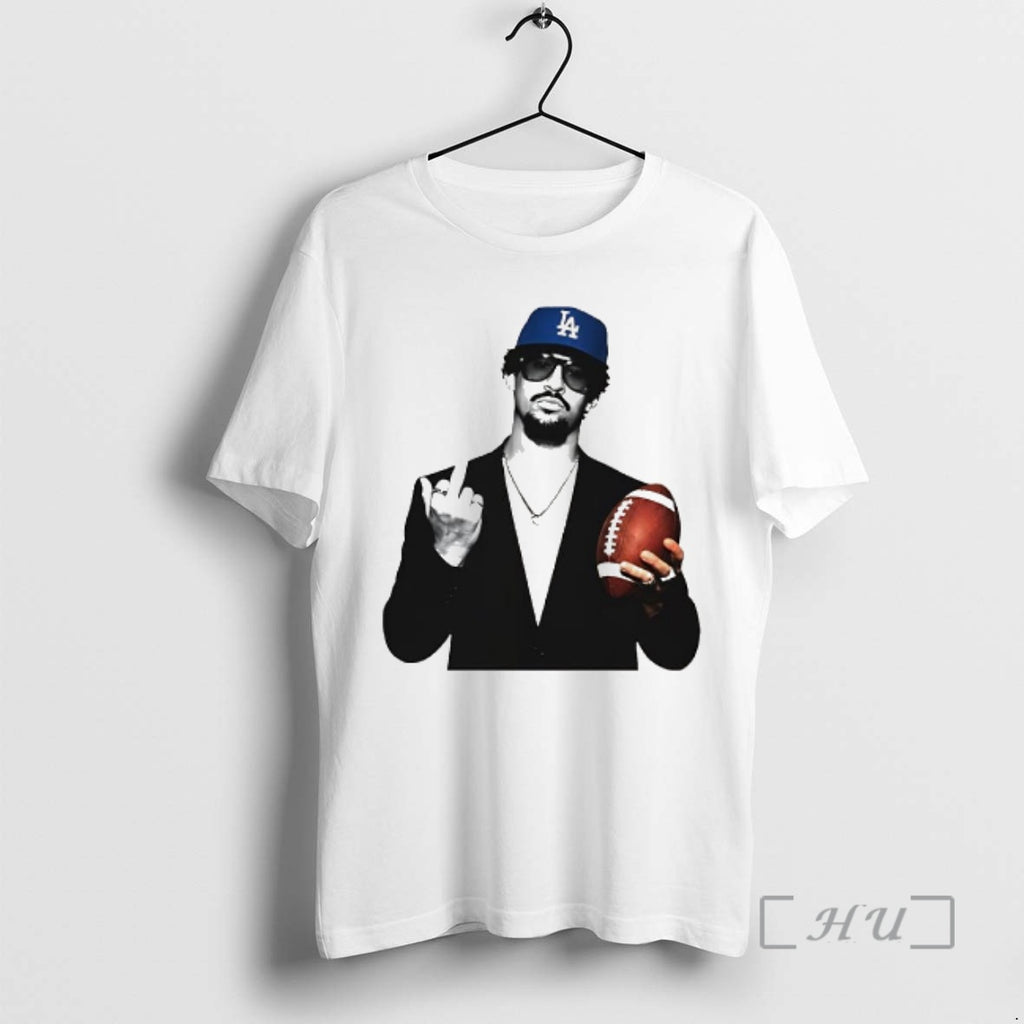 Officials Man In La Hat And Suit Holding Football Middle Finger Graphic Premium T Shirts Hoodie, Sweatshirt | PopFlextees.com
