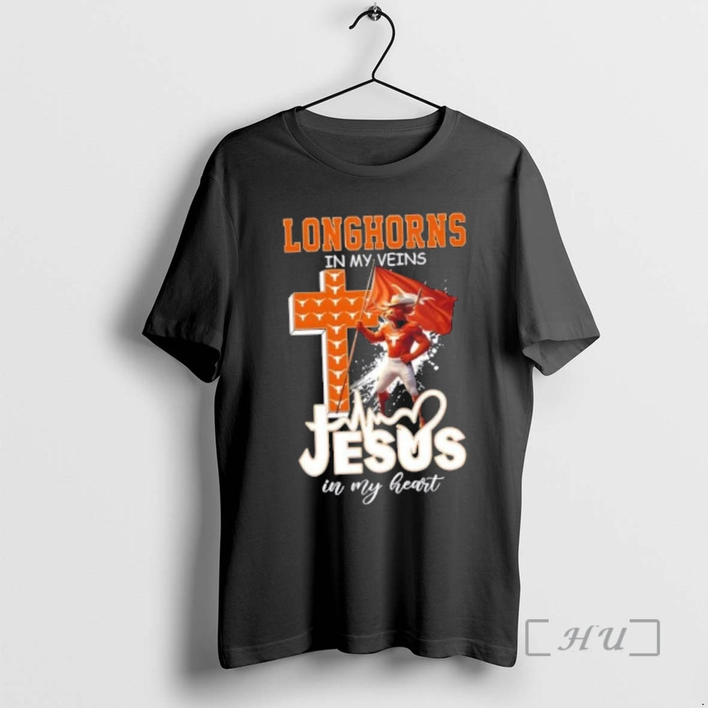 Officials Mascot Hold Flag Texas Longhorns In My Veins Jesus In My Heart Premium T-Shirts, Hoodie, Sweatshirt