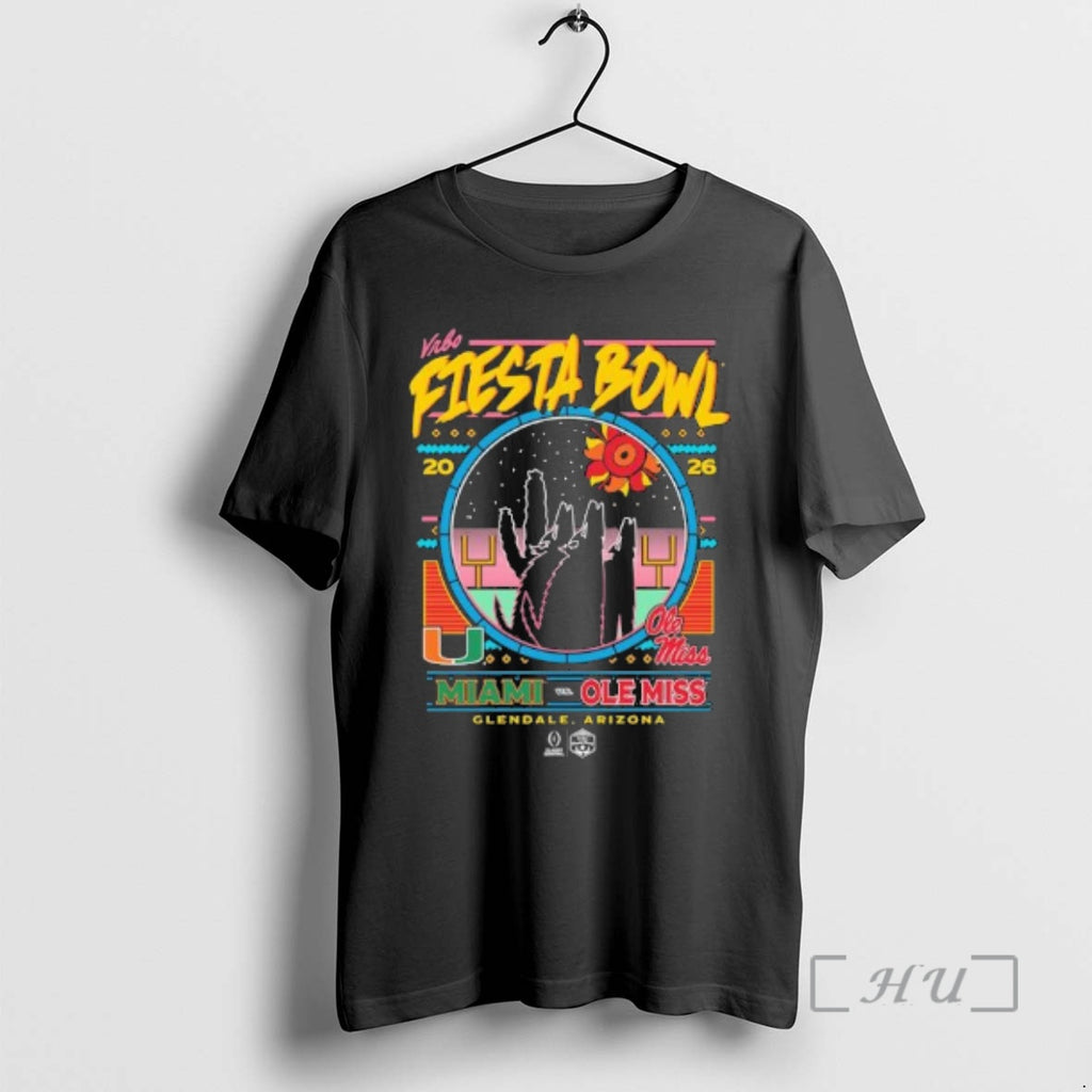 Officials Miami Vs Ole Miss Vrbo Fiesta Bowl Matchup Neon Nightfall Retro Premium T Shirts Hoodie, Sweatshirt