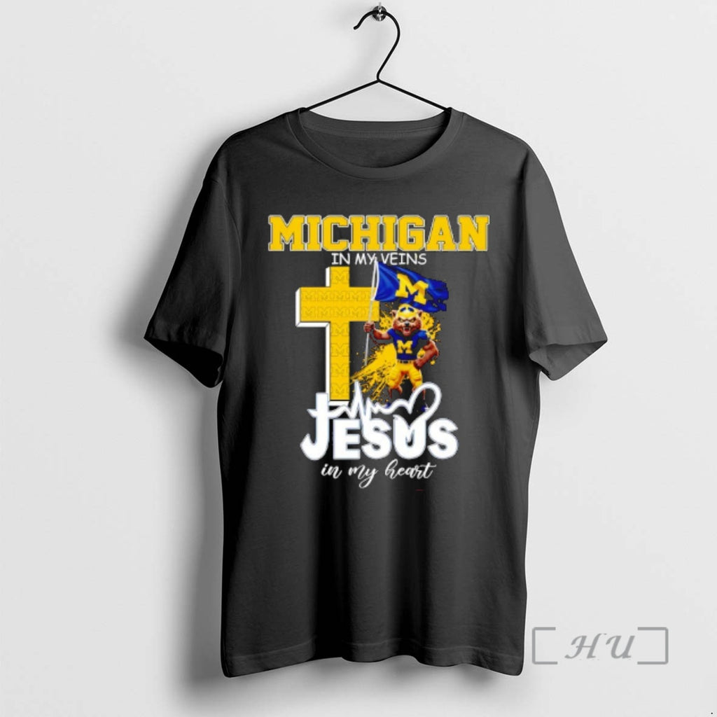 Officials Michigan Wolverines In My Veins Jesus In My Heart Flag Premium T Shirts Sweater Hoodie, Sweatshirt