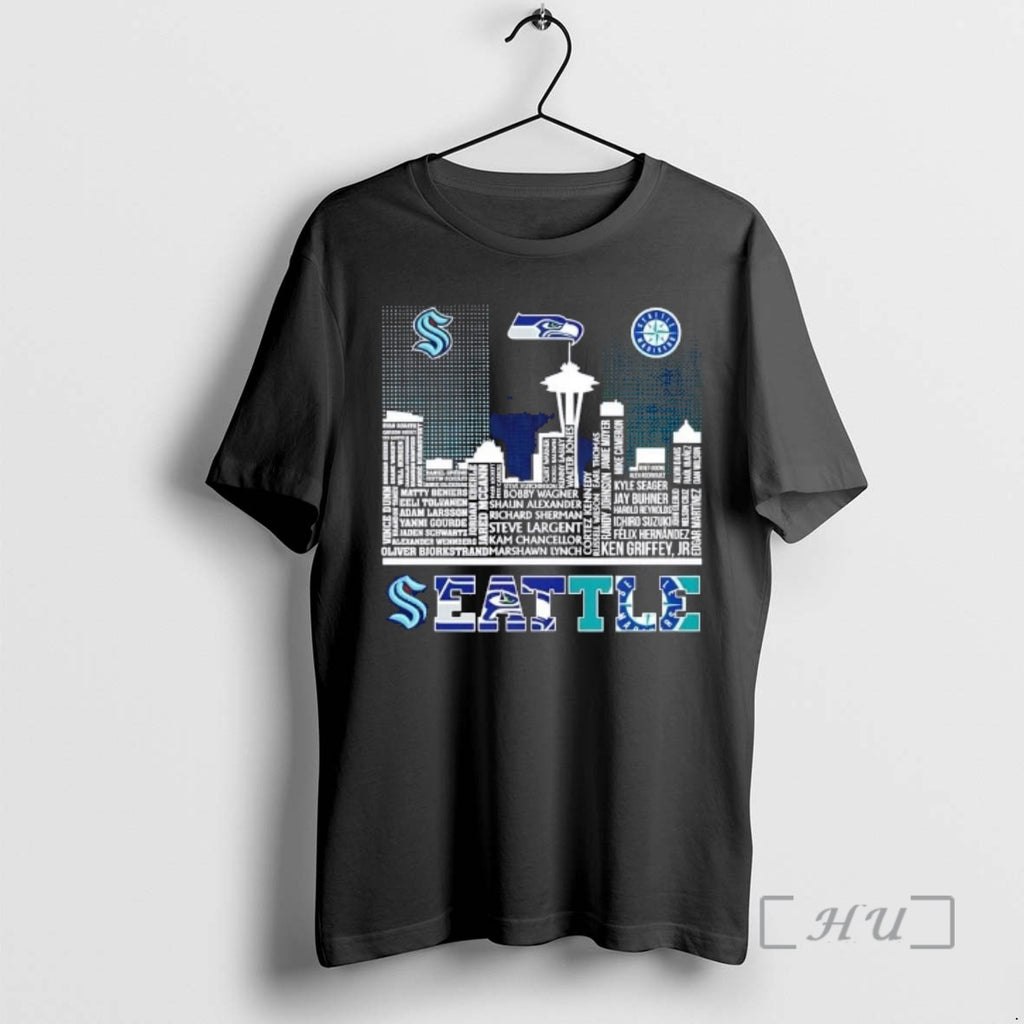 Officials Seattle Sports Kraken Seahawks Mariners All Names City Skyline T-Shirts, Hoodie, Sweatshirt | PopFlextees.com