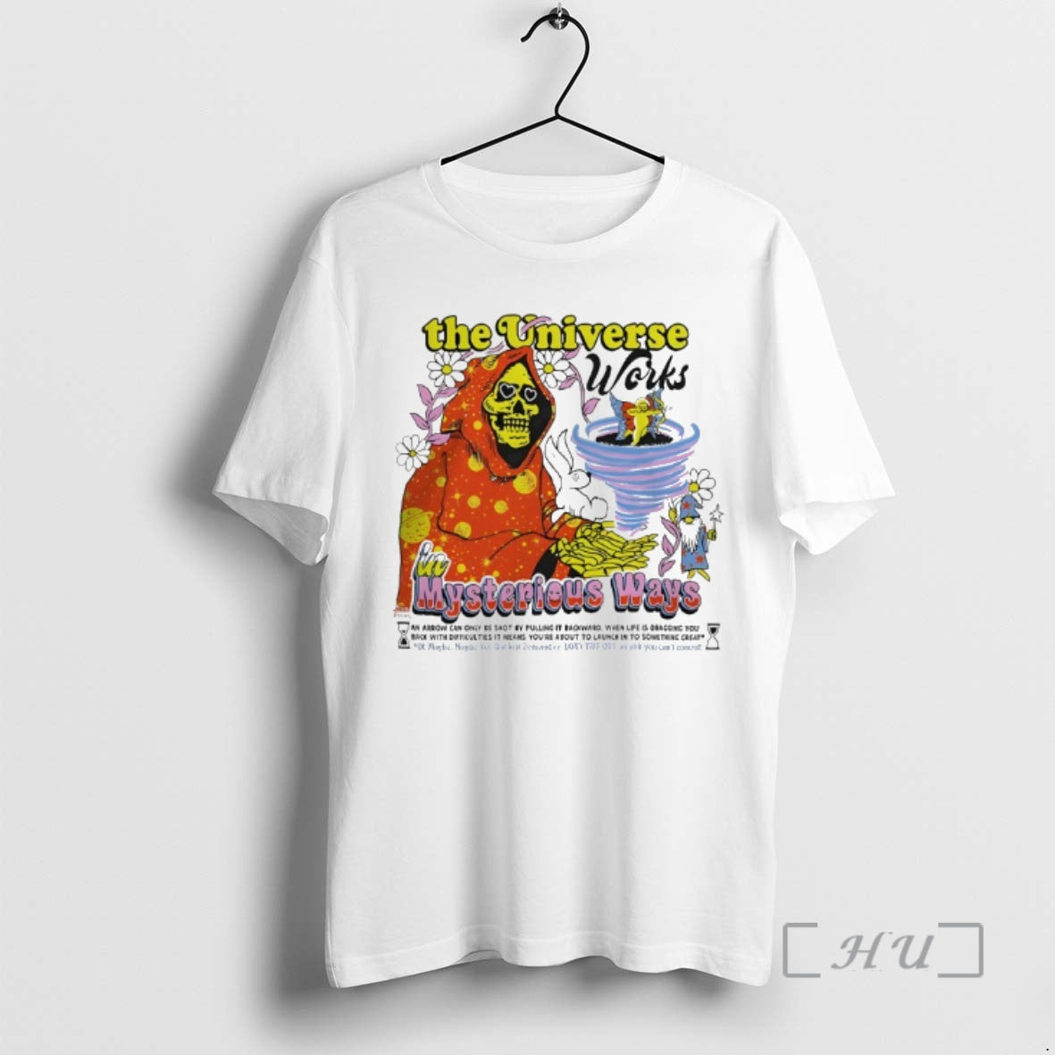 Officials Skeleton The Universe Works In Mysterious Ways Off White T-Shirts, Hoodie, Sweatshirt | PopFlextees.com