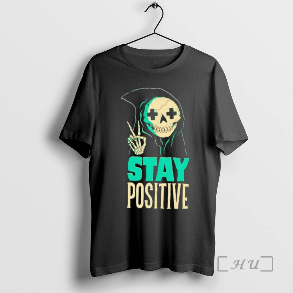Officials Stay Positive Skeleton Reaper Making Peace Sign Skeleton Hand Gesture Premium T Shirts Sweater Hoodie, Sweatshirt