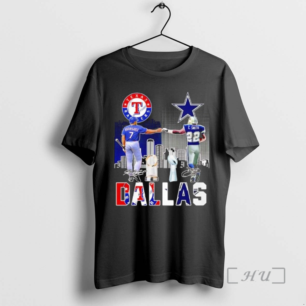Officials Texas Rangers Ivan Pudge Rodriguez Dallas Cowboys Emmitt Smith Signatures Features Premium T Shirts Hoodie,...
