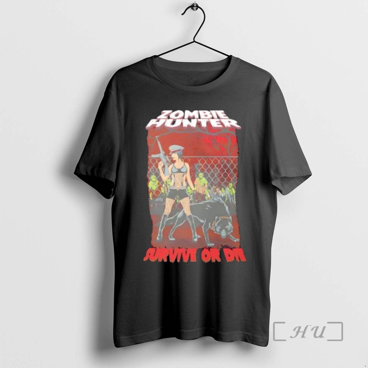 Officials Zombie Hunter Pin Up And Wolf Survive Or Die T-Shirts, Hoodie, Sweatshirt | PopFlextees.com