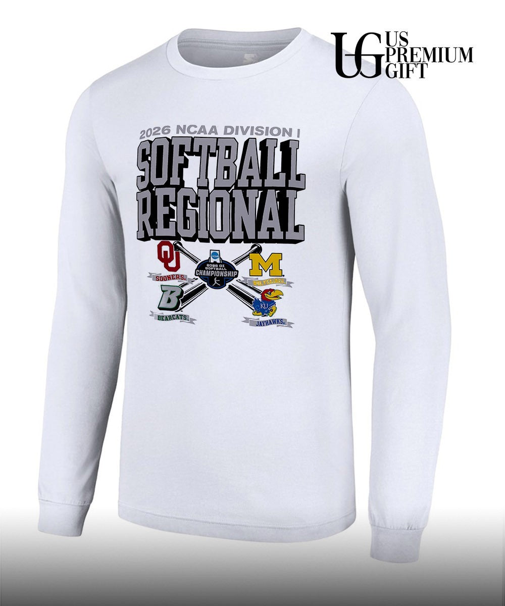 Oklahoma Sooners and Michigan Wolverines and Kansas Jayhawks and Binghamton Bearcats 2026 NCAA Division I Softball Regional logo shirt